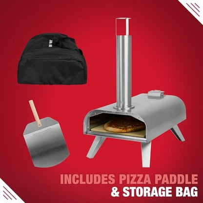 George Foreman Outdoor 12 Inch Wood Pellet Portable Wood Fired Pizza Oven Stainless Steel with Paddle and Carry Bag, BBQ Oven & Smoker, Foldable Legs GFWPPO1SSPC