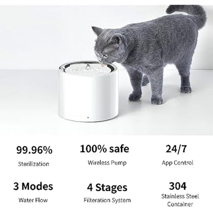 PETKIT Cat Water Fountain, UVC Wireless Pump, APP Control, 1.8L Cat Fountain Stainless Steel, Ultra Quiet, Hygienic Fresh Water for Cats Dogs, 3 Working Mode, Smart LED Light, Activated Carbon Filter