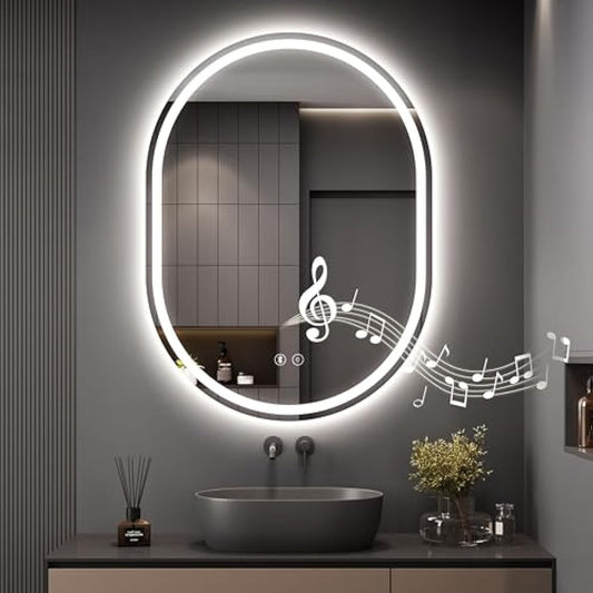 Dripex 600 x 800 mm Bluetooth Oval Bathroom LED Mirror, Illuminated Backlit Wall Mounted Bathroom Mirror with Demister, Anti-fog, 3 Lighting Modes, Dimming Light, IP44