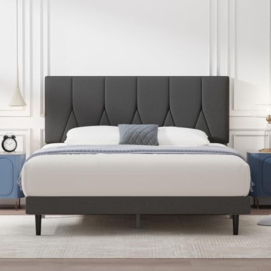 Yocreat King Bed Frame, Dark Grey, Upholstered Wooden Slat Bed Frame with Headboard, Easy Assembly, Underbed Storage, No Box Spring Needed 150×200