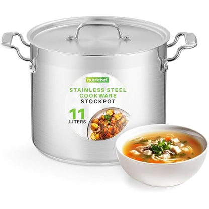 NutriChef 10 litres Stainless Steel Stockpot with Stainless Steel Lid - 18/8 Heavy Duty Large Stock Pot for Stew & Soup, Works w/Induction hub