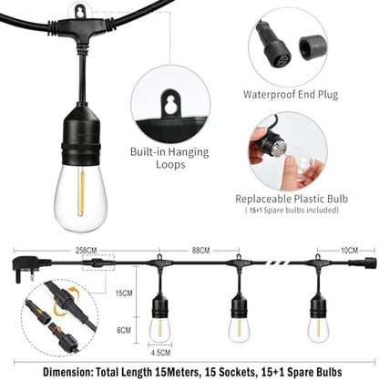 Festoon Lights Outdoor15M IP65, 2.6M Extension Cable Included,15+1 Shatterproof S14 Bulbs 2700K E27 Outside Lights for Pergola, Backyard, Linkable