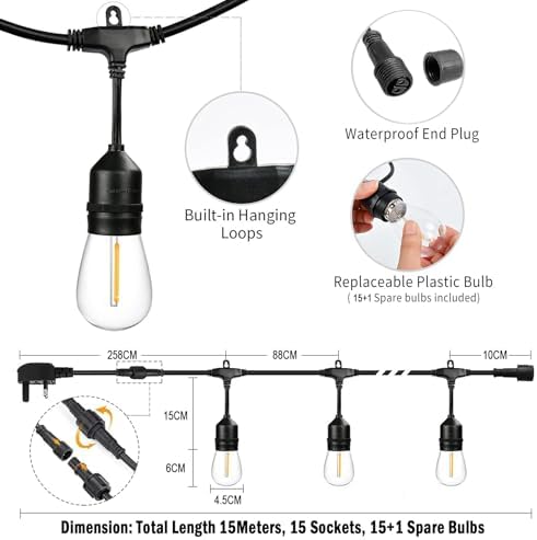Festoon Lights Outdoor15M IP65, 2.6M Extension Cable Included,15+1 Shatterproof S14 Bulbs 2700K E27 Outside Lights for Pergola, Backyard, Linkable