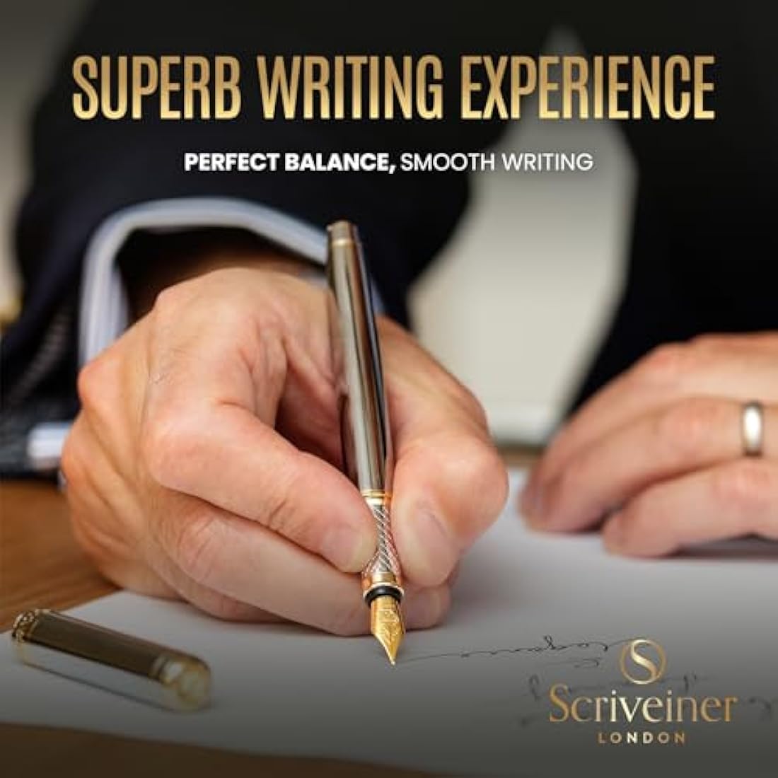 Scriveiner Silver Chrome Fountain Pen - Stunning Luxury Pen, Real Gold Plating, Schmidt Gilded Nib (Medium), Best Pen Gift Set for Men & Women, Professional, Executive Office, Nice Designer Pens