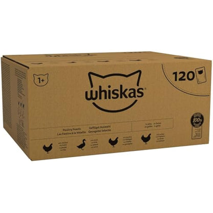 Whiskas 1+ Adult Wet Cat Food Poultry Selection in Jelly 120 x 85g Pouches Megapack, Tender Cuts in Flavoured Gravy, Nutritionally Complete, Easy to Serve, Variety Pack for Adult Cats
