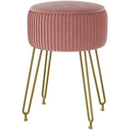IBUYKE Velvet Storage Footrest Stool Ottoman, Makeup Vanity Stool Side Table with Golden Steel Legs Removable Cover, Coffee Table Top Cover, Pink L/G-20P
