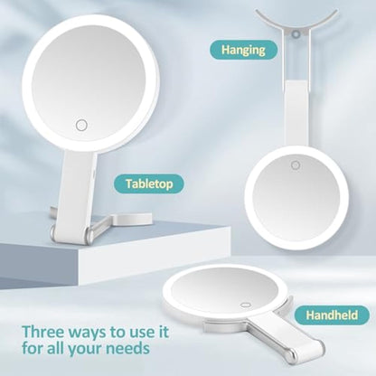 Travel Mirror with Light,Double-sided 20x/1x Magnifying Makeup Vanity Mirror,Rechargeable Adjustable Brightness 3 Colour Lighting,Folding,Handheld/Hangable/Tabletop,3 ways Using Mirror,White