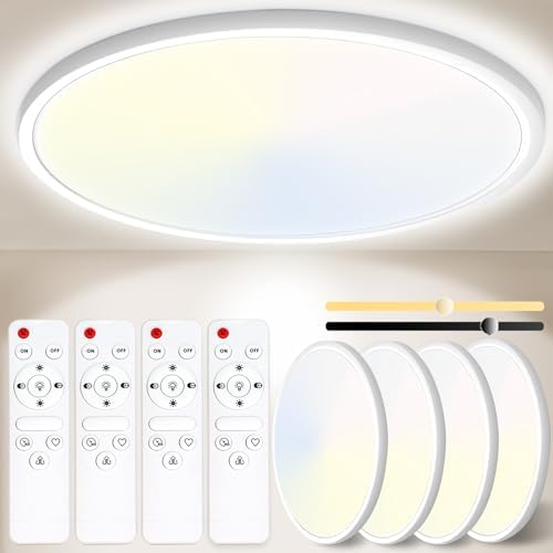 Yexati Bathroom Light 24W 3200LM 30cm Dimmable with Remote Control 6500K-3000K, IP54 LED Bathroom Light Ultra Thin Flush Ceiling Light Round for Kitchen Toilet Porch Bedroom Utility Room White 4 Pack
