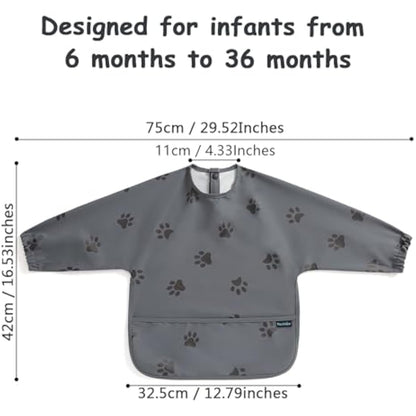 PewinGo Weaning Bib with Long Sleeves & BLW, Soft and Skin-Friendly Material, Coverall Bibs for Baby Feeding, Waterproof and Easy to Clean & Machine Washable, for Baby Infant Toddlers (Dark Grey)