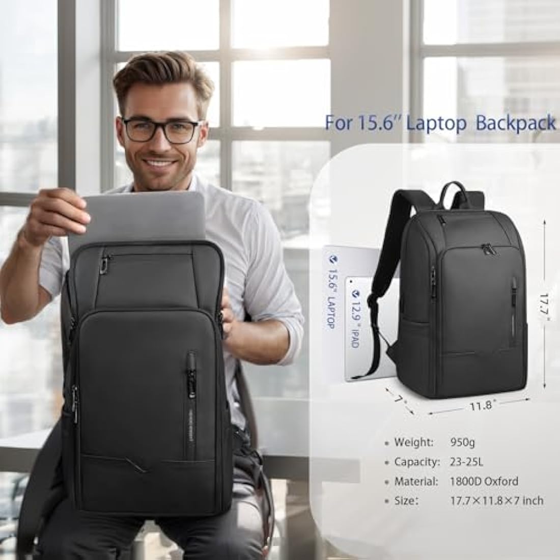HEROIC KNIGHT Travel Laptop Backpack, Water-Resistant 15.6 Inch Business Laptop Rucksack Bag with USB Charging Port, Anti-Theft Carry on Backpack, High-Tech Casual Daypack for Work Office College