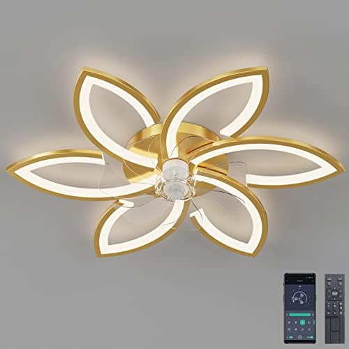 Silent Ceiling Fan with Light, Ceiling Fan with Remote Control and Lighting APP dimmable Brightness 70W Creative Acrylic Flower Shape Ceiling lamp with Fan (Gold)