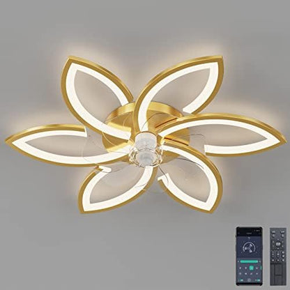 Silent Ceiling Fan with Light, Ceiling Fan with Remote Control and Lighting APP dimmable Brightness 70W Creative Acrylic Flower Shape Ceiling lamp with Fan (Gold)