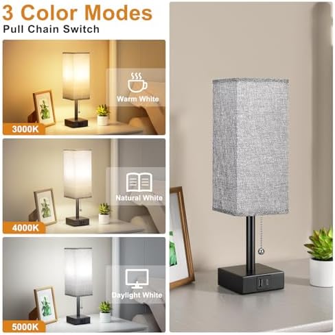 Aooshine Bedside Lamps Set of 2, Bedside Lamps with USB A+C Ports, Table Lamp for Bedroom with 3-Color Modes, Pull Chain Lamp with Grey Square Fabric Shade for Bedroom Living Room (Bulb Included)