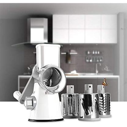 Ourokhome Cheese Grater Rotary Shredder, Kitchen Speed Mandolin Slicer Hand Crank Grinder with 3 Interchangeable Blades and Handle for Cheese, Vegetable, Walnut, Chocolate, Potato, Carrot, White