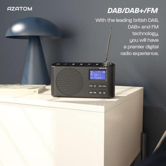 DAB/DAB+ & FM Portable Digital Radio | Bluetooth | Rechargeable Battery | Dual Alarms & Sleep Timer | Perfect for Home, Office or Outdoors | AZATOM Solo B1 (Black)