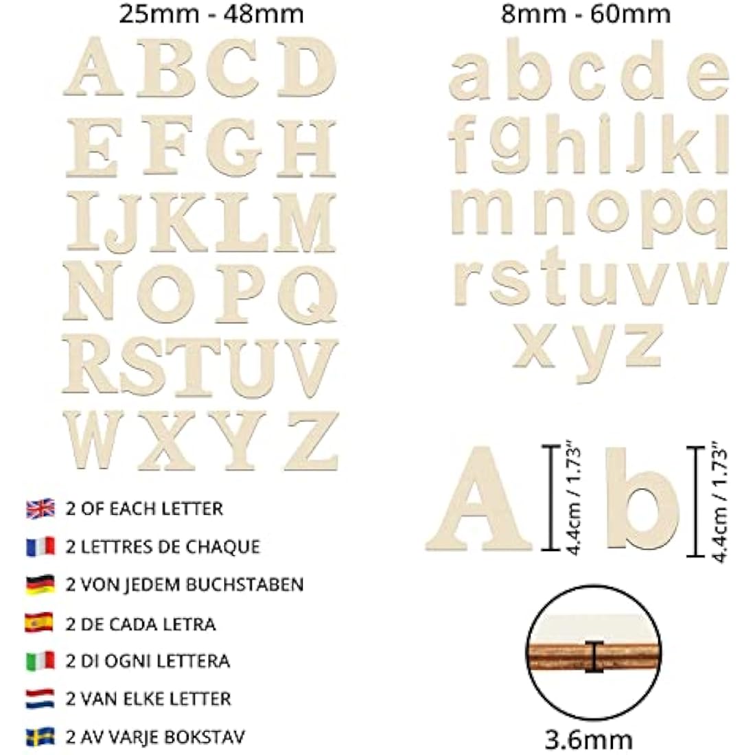 HANDI STITCH 124 Pieces Unfinished Wooden Letters & Numbers - 52 Capital & 52 Lowercase (A-Z) Alphabet Letters - 20 (0-9) Numbers - DIY Wood Pieces for Learning, Decor & Crafts