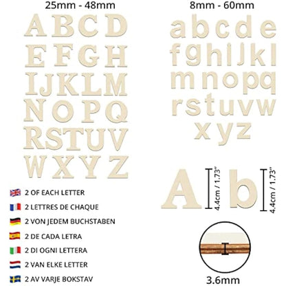 HANDI STITCH 124 Pieces Unfinished Wooden Letters & Numbers - 52 Capital & 52 Lowercase (A-Z) Alphabet Letters - 20 (0-9) Numbers - DIY Wood Pieces for Learning, Decor & Crafts