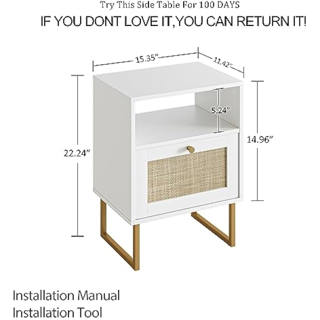 HEYZOEY Rattan Bedside Table,Modern Boho Farmhouse Wood Nightstand with Storage Drawer and Open Shelf,Small Gold Frame Side Table for Bedroom,Living Room,Office(White)