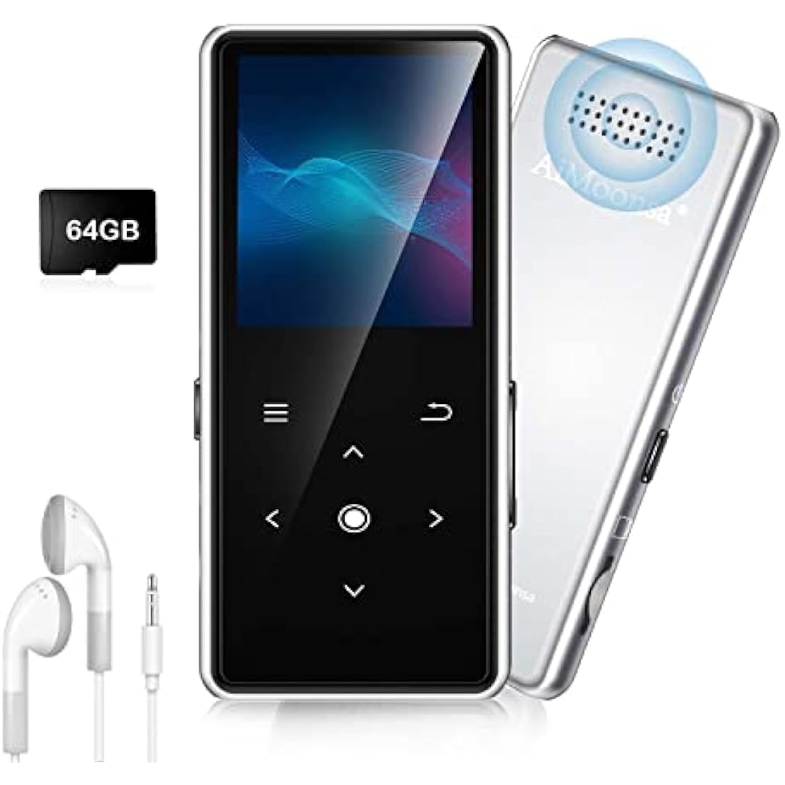 64GB MP3 Player with Bluetooth 5.2, AiMoonsa Music Player with Built-in HD Speaker, FM Radio, Voice Recorder, HiFi Sound, E-Book Function, Earphones Included