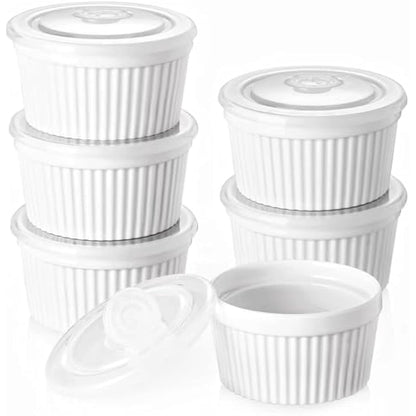 DOWAN Ramekins with Lids, 8 OZ Porcelain Ramekin Dishes for Creme Brulee Soufflé, Egg Mould, Muffin Cases, Mini Dip Bowl, Baking Bowl for Oven & Air Fryer, Classic White, Pack of 6