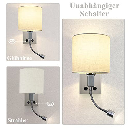ZMH LED Wall Light Bedside Wall Lamp Reading Light Wall Lamp Flexible LED Reading Lamp Adjustable Reading Light White 2 Switches Modern Sconces E27