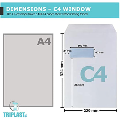 Triplast 50 x C4 Window Self Seal Security Envelopes (Size: 324x229mm) | Address Window, Self Sealing & Printer Safe Mailing Paper Envelopes | Ideal for Everyday Home, Office & Commercial Use
