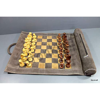 Stonkraft 19" x 15" (Chess Board Size 12" x 12") Genuine Roll-Up Leather Chess Set - With Wooden Chess Pieces - Brown Grey | Comes with a Innovative Carry Pouch
