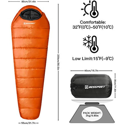 Bessport Sleeping Bag, 4 Seasons 0°C Sleeping Bag, Small Pack Size & Ultralight Outdoor Sleeping Bag, Mummy Sleeping Bag for Camping, Travel, Outdoor and Tent