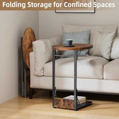 Mutool C Shaped Side Table, Foldable Round Sofa Table with Metal Frame, Small Coffee Table for Living Room Bedroom Office, Rustic Brown & Black