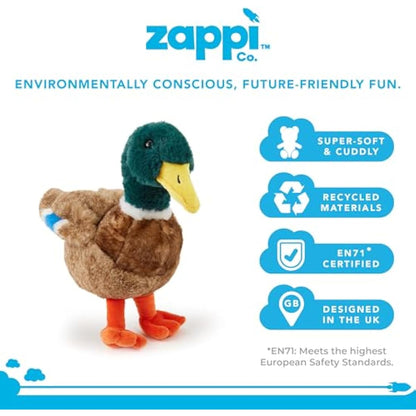 Zappi Co Mallard Duck Plush Toy (30cm) - Bright, Cuddly Duck, Eco-Friendly, Ideal for Children's Imaginary Pond Play, Made from 100% Recycled Material