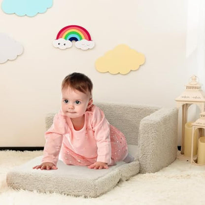 BEJOY Kids Sofa Bed 2-in-1 Flip Out Cuddly Sherpa Toddler Couch Convertible Sofa to Lounger Children Sofa Bed Children's Day and Birthday Gift for Girls Boys, Light Grey