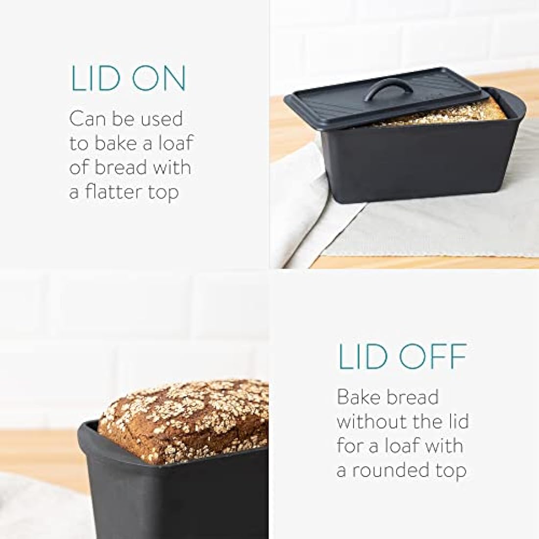 Navaris Bread Loaf Pan with Lid - Cast Iron Bread Baking Pan for Bulge Top or Flat Top Breads Meat Veg Meatloaf - Baking Tin 34 cm x 13 cm x 13 cm - Black
