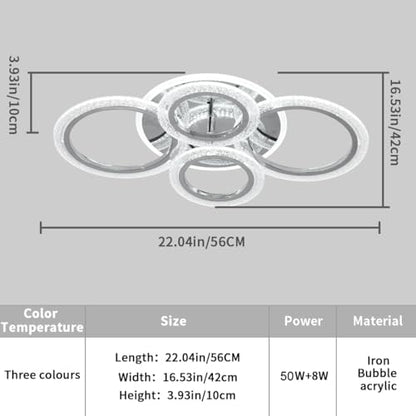 Qcyuui 58W Dimmable LED Ceiling Light, Modern 4-Ring Acrylic Flush Mount Chandelier for Living Room, Bedroom, Dining Room, Chrome Finish