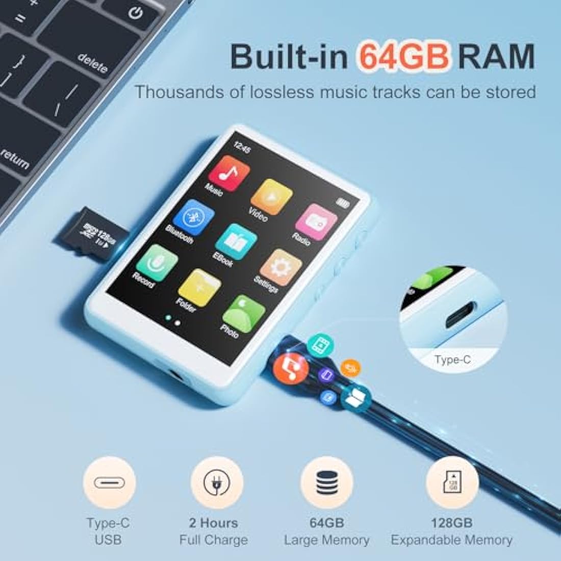 64GB MP3 Player with Bluetooth 5.3 - MECHEN 2.4" Full Touch Screen，Portable Digital HiFi Lossless Sound Music MP3 MP4 Player with Speaker，FM Radio，Line-in Recording，Earphones Included.