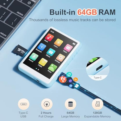 64GB MP3 Player with Bluetooth 5.3 - MECHEN 2.4" Full Touch Screen，Portable Digital HiFi Lossless Sound Music MP3 MP4 Player with Speaker，FM Radio，Line-in Recording，Earphones Included.