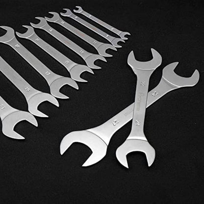 Pronese 10 Pack Super-Thin Open End Wrench Set,Carbon Steel with Mirror Polish,Metric,Including 6~27mm, Placed in A Rolling Pouch