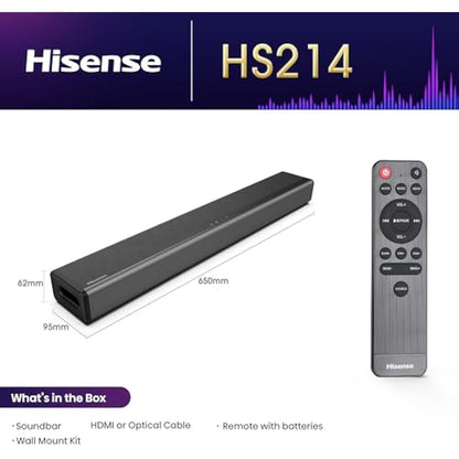 Hisense HS214 Soundbar All-in-one, Wireless Bluetooth, Powerful Bass Built-in, Compact Design, AUX, HDMI, USB, TV, PC Speaker