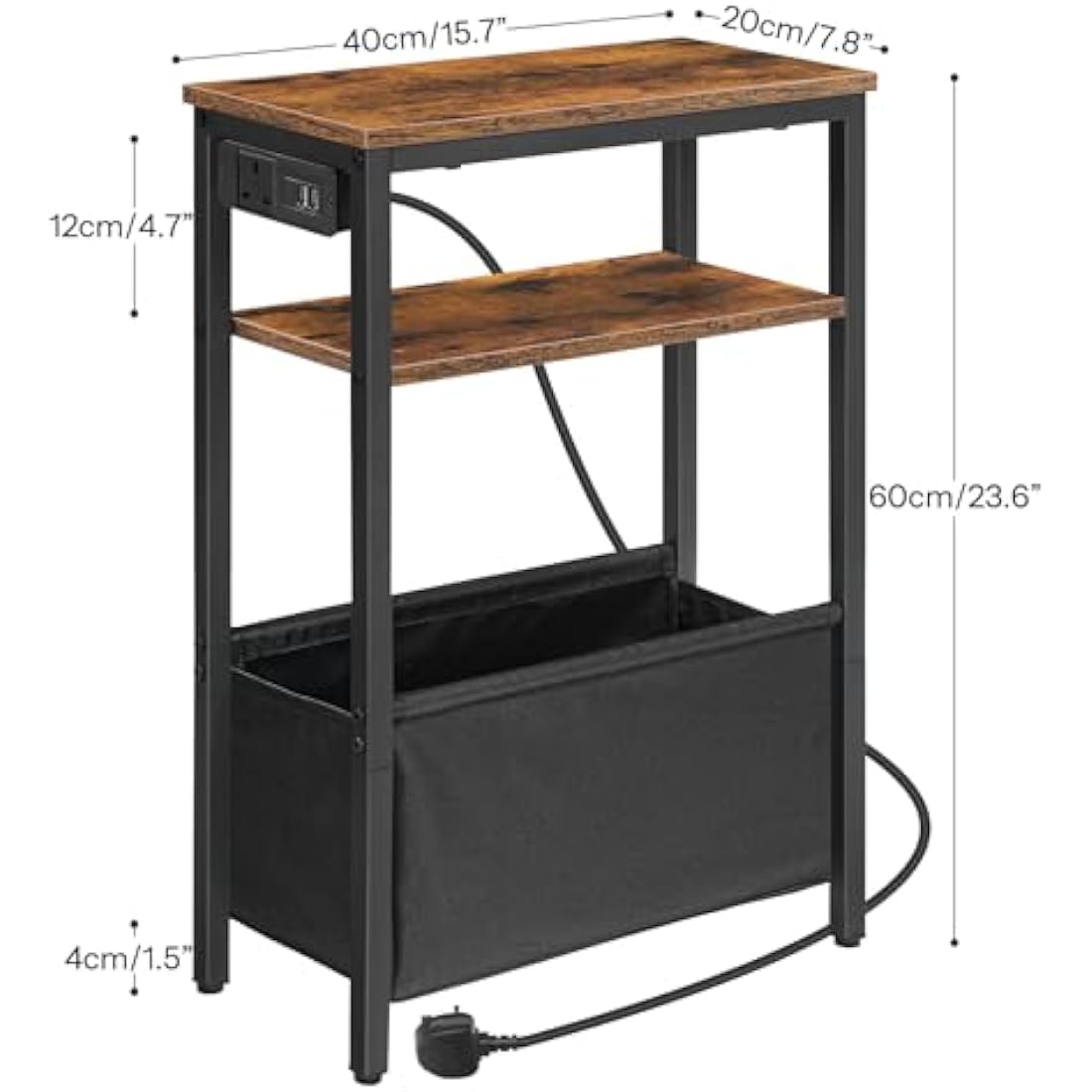 HOOBRO Narrow Side Table, Slim Side Table with Charging Station, USB Ports and Power Outlet, Bedside Table for Small Space, 40 x 20 x 60 cm, for Living Room, Rustic Brown and Black EBF125KBZ01