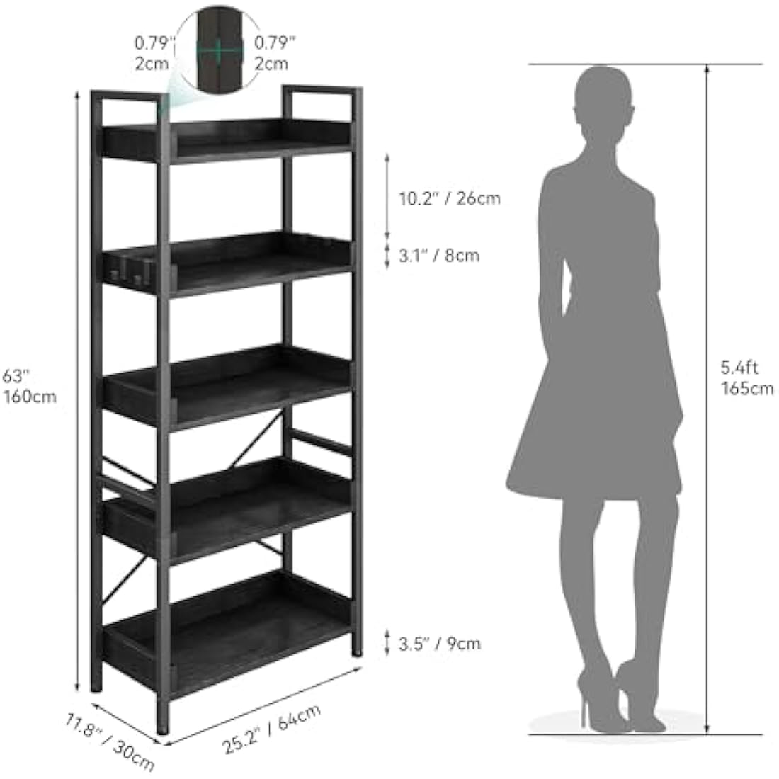 YITAHOME Bookcase 5 Tiers, Floor Standing Book Shelf, Wooden Shelves and Stable Steel Frame Shelving Units with 4 Hooks Industrial Storage for Living Room, Home Office, Black Bookcases