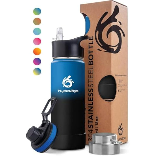 hydro2go Stainless Steel Water Bottle – BPA-Free Bottle for Kids, School, Sports & Outdoor – Keeps Drinks Hot for up to 12H and Cold for up to 24H – Includes 3 Drinking Caps – 530ml (Space)