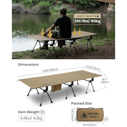 OneTigris SUPRANUBIS Camping Cot with Extending Legs, Load Capacity 150kg, Lightweight Portable Comfortable Folding Bed for Camping, Hiking, Travel, Truck, Beach, Office Nap