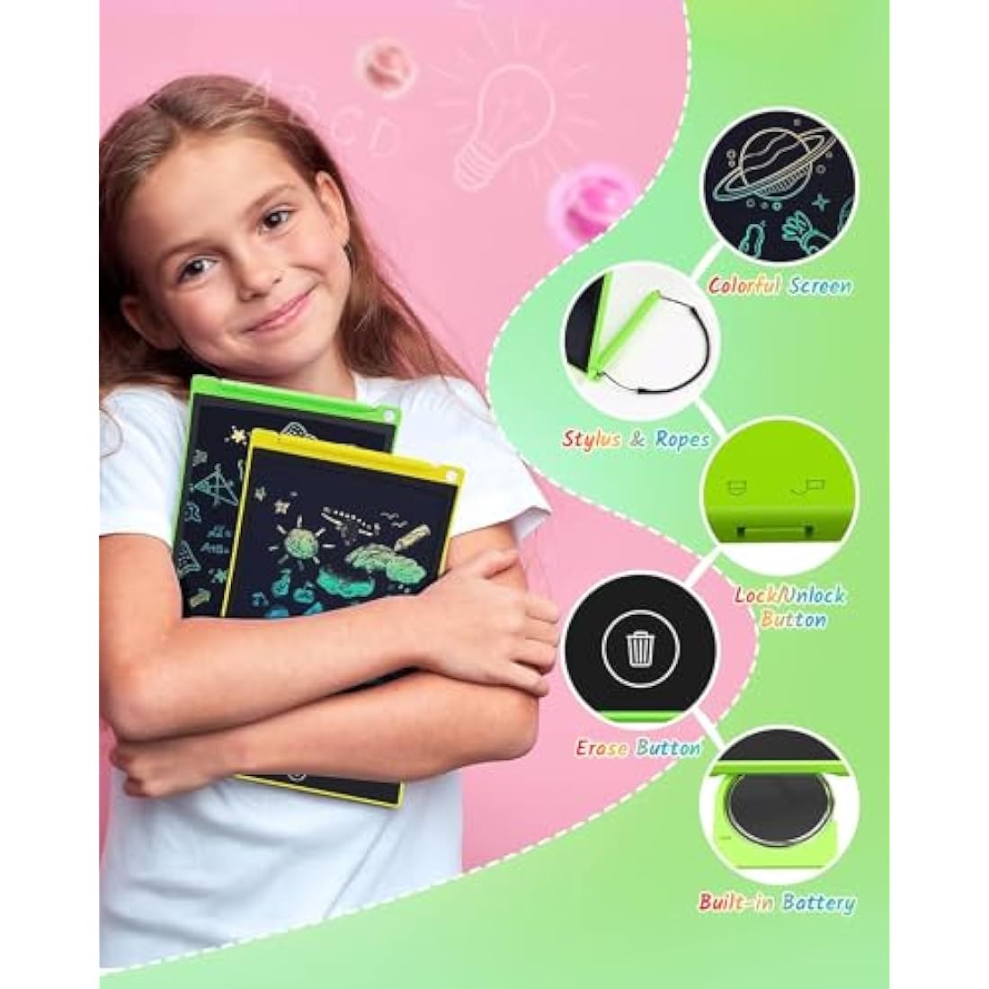 TECJOE 2 Pack LCD Writing Tablet, 8.5 Inch Colorful Doodle Board Drawing Tablet for Kids, Erasable Reusable Writing Drawing Pad, Learning Toys Gifts for 3 4 5 6 Years Old Boys and Girls Toddlers