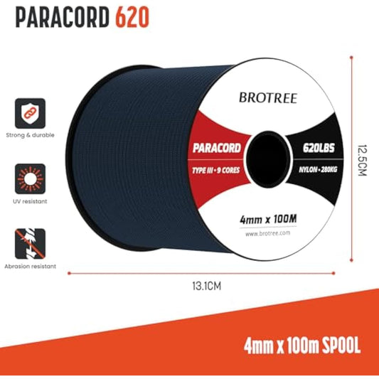 Brotree Paracord 4mm 100M 9 Strands 100% Nylon Rope Type 3 Parachute Cord for Outdoor, Bracelet, DIY - 280kg Breaking Load (Navy Blue)