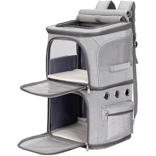 FASNATI Double-Compartment Pet Carrier Backpack, Cat Carrier Backpack for 2 Cats, Small Dogs, Perfect for Traveling/Hiking/Camping, Grey, XL