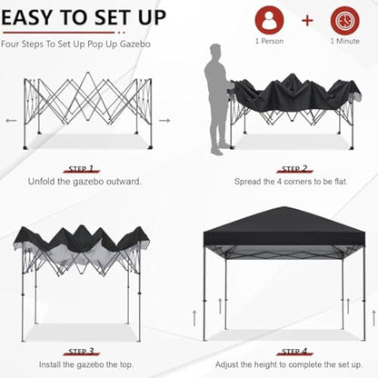ABCCANOPY 2.5x2.5M Pop Up Gazebo Commercial Gazebo With Upgraded Roller Bag, 4 Weight Bags, Stakes and Ropes (Black)
