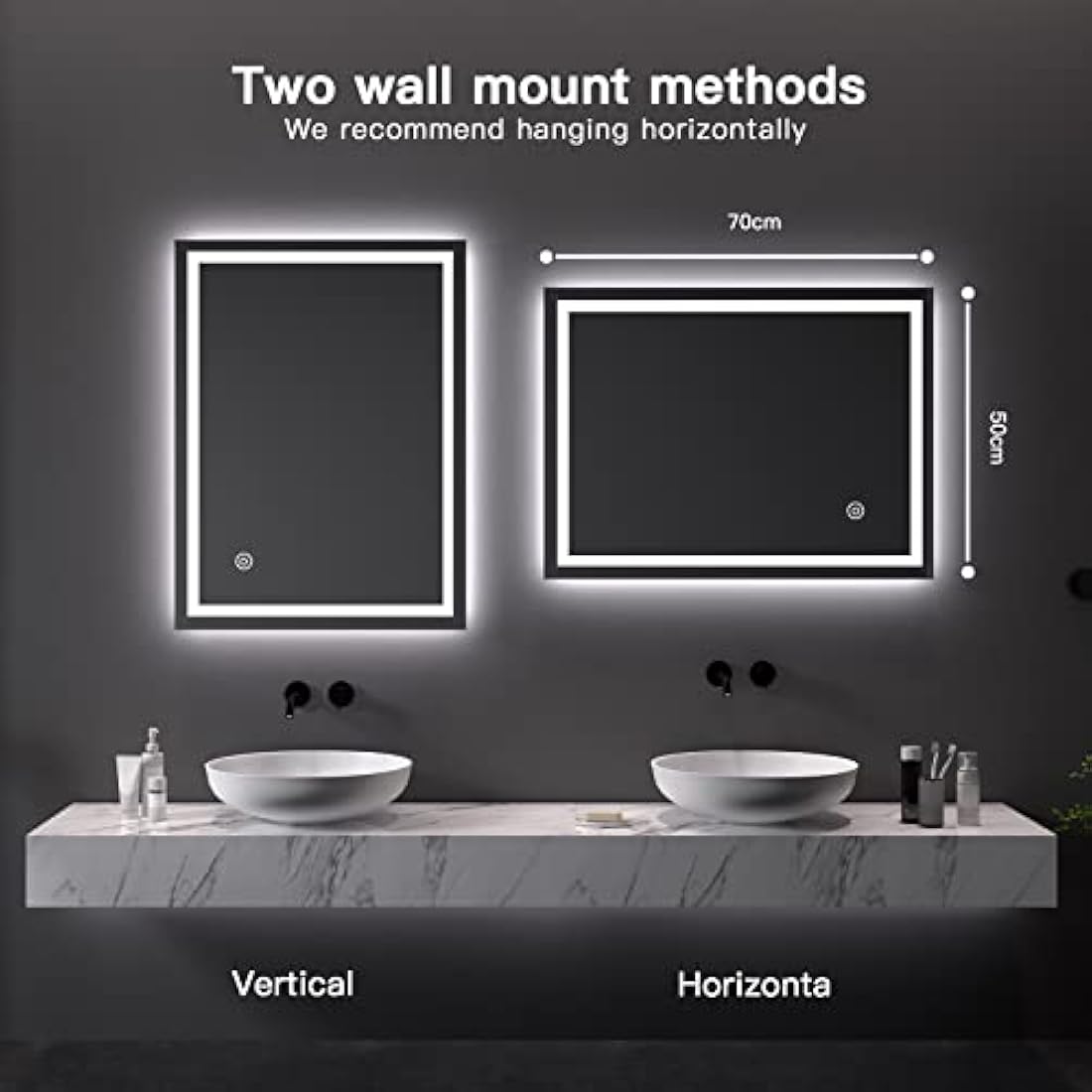 Dripex Bathroom Mirror with LED Lights, 500 * 700 MM Illuminated Bathroom Mirror Wall Mounted Vanity Mirror, Bathroom Light Mirror with Demister Pad, Horizontal/Vertical