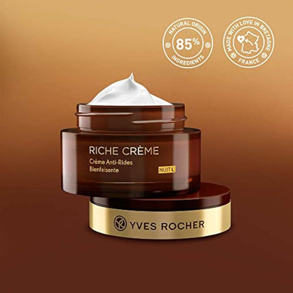 Yves Rocher Face Moisturizer Riche Crème Anti-wrinkle Comforting Night Cream with precious oils, for Mature Skin + Dry skin, 50 ml jar