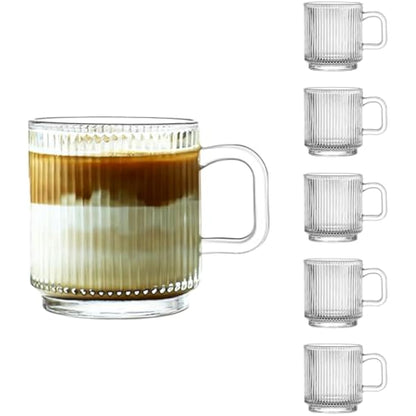 binsakao Glass Coffee Mugs 6 Pack - 340 ml Premium Coffee Cups with Handles - Classic Vertical Stripes Transparent Tea Cup Set for Hot Cold Beverages