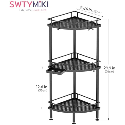 SWTYMIKI Corner Shower Caddy - 3 tier Bathroom Corner Shelf Shower Organizer Corner with 4 Hooks, Rust Free Standing Shower Caddy with Soap Holder,Shower Rack for Inside Bathroom,Shower storage,Black