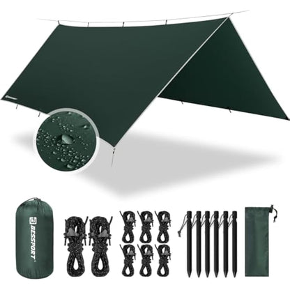 Bessport Camping Tent Tarp 3m x 3m/3m x 4m Waterproof PU3000 mm with Eyelets & 6 Aluminium Stakes & 8 Nylon Ropes, Anti-UV Suitable for Camping, Picnic, Hammock
